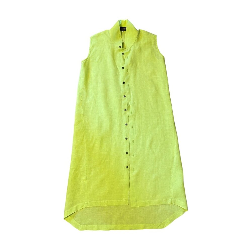 $875 Eskandar 1 10/12 Linen Sleeveless Shirt Dress Lagenlook Duster Midi Green